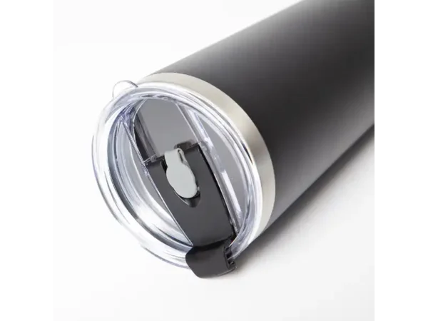 Termo Laos de acero inoxidable de 650ml con acabado arena y tapa antiderrames. Detalle de la tapa y vaso