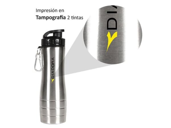 Cilindro Acero inoxidable de 750 ml con arnés de aluminio y tapa de seguridad para uso corporativo.
