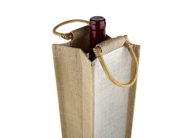 Estuche para vinos Palermo de yute natural con asas de madera e interior plastificado para regalos corporativos sustentables Dot Factory
