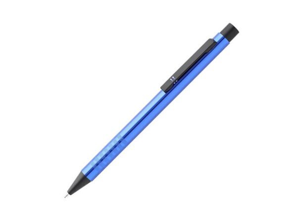 Bolígrafo Celleno de aluminio con acabado brillante y clip metálico, pluma personalizada con tinta azul para campañas promocionales de lanzamiento corporativo.