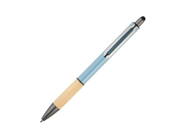 Bolígrafo Todi de aluminio y bambú con punta touch para pantallas, pluma personalizada con tinta de gel azul y clip metálico para eventos corporativos.