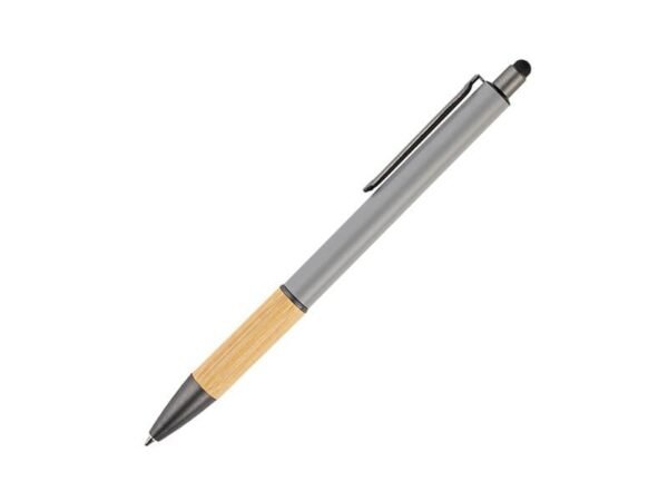 Bolígrafo Todi de aluminio y bambú con punta touch para pantallas, pluma personalizada con tinta de gel azul y clip metálico para eventos corporativos.