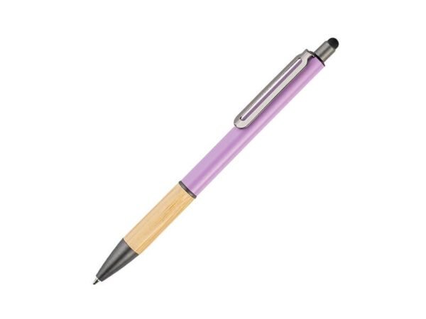 Bolígrafo Todi de aluminio y bambú con punta touch para pantallas, pluma personalizada con tinta de gel azul y clip metálico para eventos corporativos.