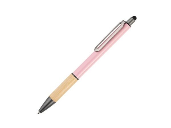 Bolígrafo Todi de aluminio y bambú con punta touch para pantallas, pluma personalizada con tinta de gel azul y clip metálico para eventos corporativos.