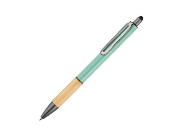 Bolígrafo Todi de aluminio y bambú con punta touch para pantallas, pluma personalizada con tinta de gel azul y clip metálico para eventos corporativos.