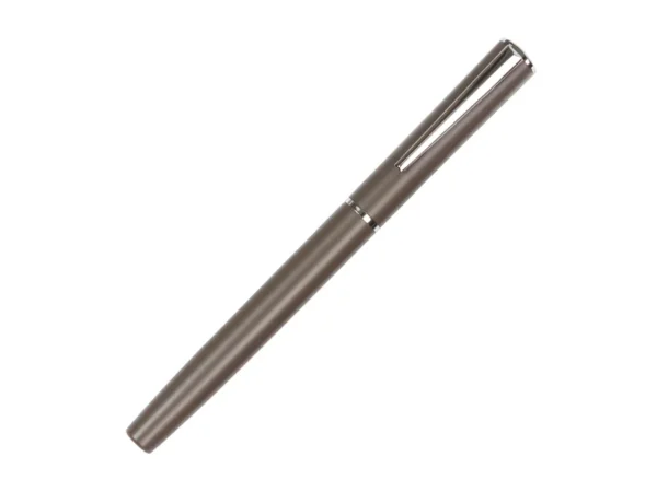 Bolígrafo Sater de aluminio con acabado metálico brillante y detalles cromados en color gris