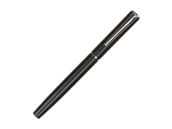 Bolígrafo Sater de aluminio con acabado metálico brillante y detalles cromados en color negro