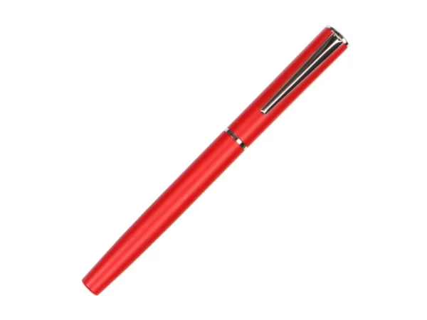 Bolígrafo Sater de aluminio con acabado metálico brillante y detalles cromados en color rojo
