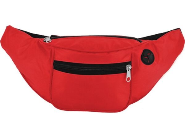 Cangurera de poliéster 420D con dos bolsillos, salida para audífonos y correa ajustable para personalización corporativa.