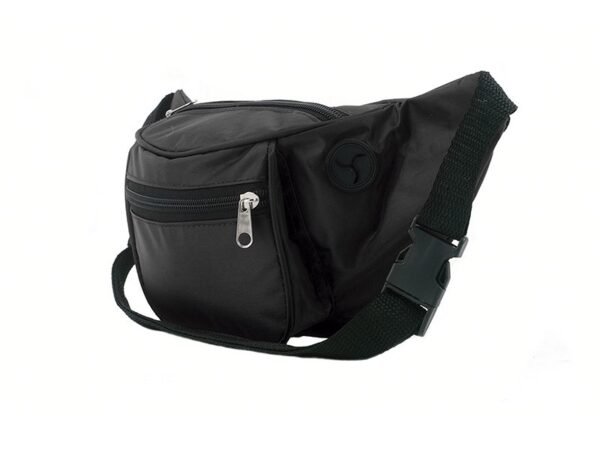 Cangurera de poliéster 420D con dos bolsillos, salida para audífonos y correa ajustable para personalización corporativa.