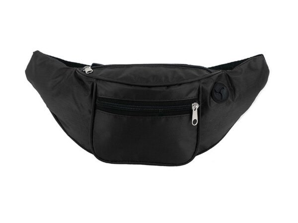 Cangurera de poliéster 420D con dos bolsillos, salida para audífonos y correa ajustable para personalización corporativa.