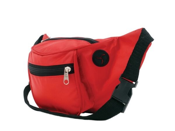 CANGURERA de poliéster 420D con dos bolsillos, salida para audífonos y correa ajustable para personalización corporativa.