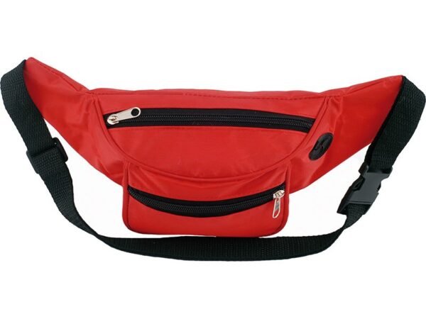 Cangurera de poliéster 420D con dos bolsillos, salida para audífonos y correa ajustable para personalización corporativa.