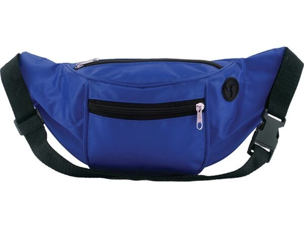 Cangurera de poliéster 420D con dos bolsillos, salida para audífonos y correa ajustable para personalización corporativa.