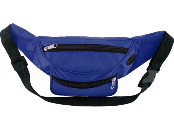 Cangurera de poliéster 420D con dos bolsillos, salida para audífonos y correa ajustable para personalización corporativa.