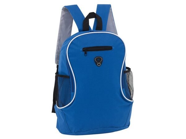 Mochila Track de Polyester 600D con capacidad de 16 litros, compartimento frontal y salida para audífonos.