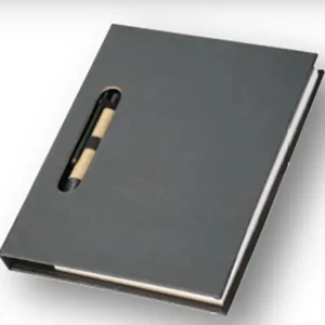 Block Pad Loreto de cartón reciclado con notas adhesivas, fechador y mini bolígrafo ecológico.