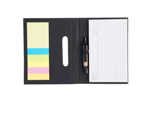 Block Pad Loreto de cartón reciclado con notas adhesivas, fechador y mini bolígrafo ecológico. Libreta abierta