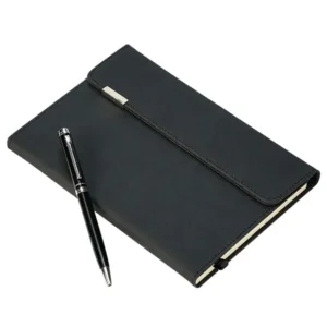 Set Estambul negro con libreta y bolígrafo, vista frontal, set corporativo personalizado con logotipo