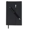 Set Estambul negro con libreta y bolígrafo, vista frontal, set corporativo personalizado con logotipo Foto frontal con pluma