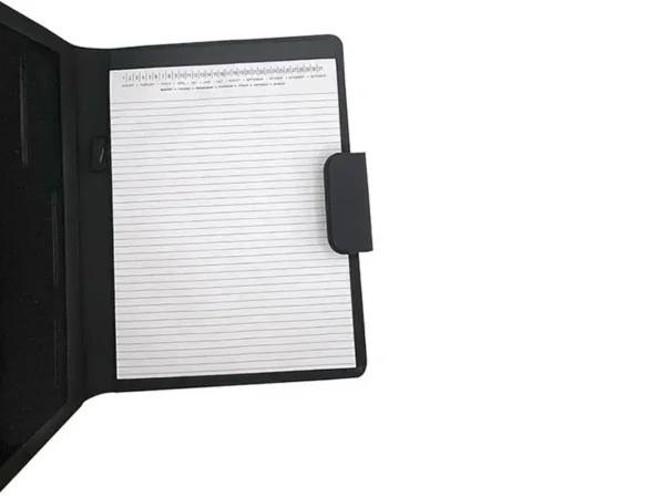 Porta Documentos Ginebra negro de PET reciclado, vista frontal, porta documentos corporativo personalizado con logo Detalle del block