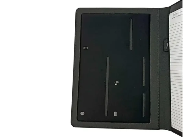 Porta Documentos Ginebra negro de PET reciclado, vista frontal, porta documentos corporativo personalizado con logo Detalles interiores