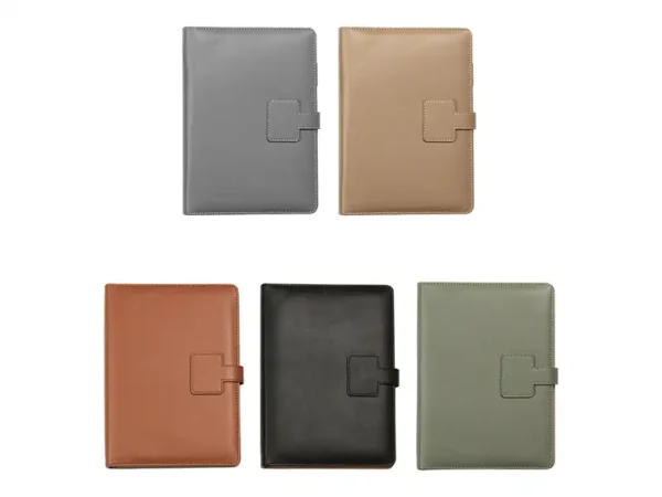 Carpeta Kapan tamaño A5 en cuero sintético colores beige café negro y verde militar para agentes inmobiliarios. Muestra de colores existentes