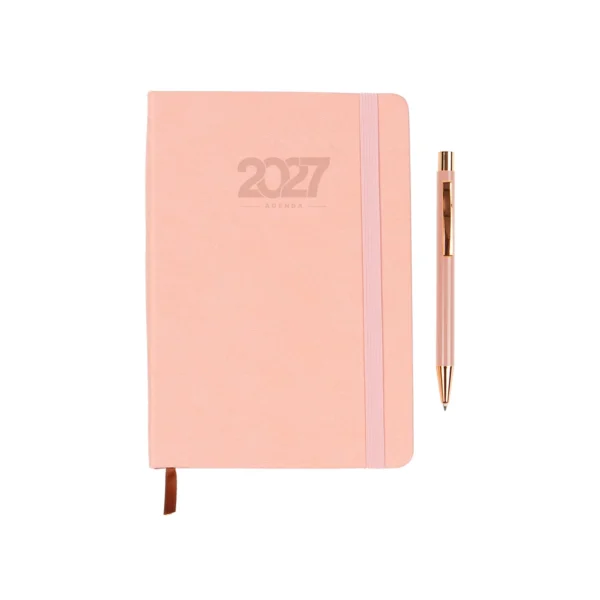Agenda Diaria Falun de curpiel color negro con resorte sujetador, bolígrafo incluido y caja de cartón individual