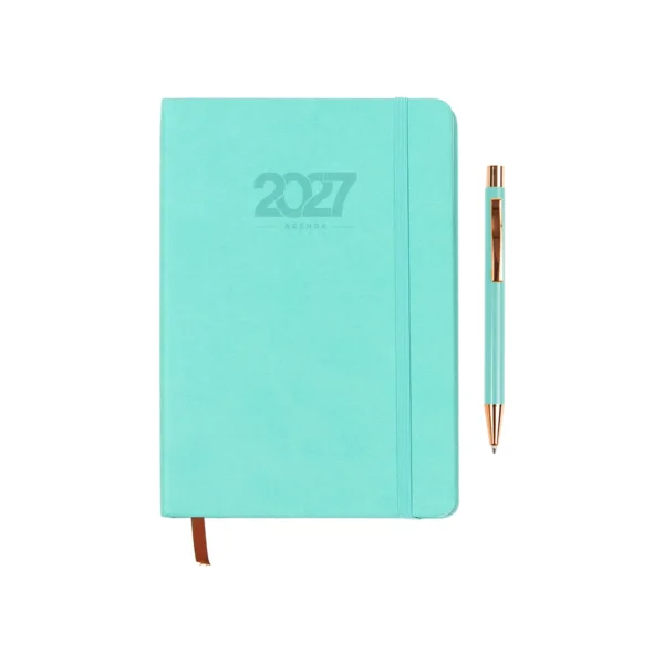 Agenda Diaria Falun de curpiel color negro con resorte sujetador, bolígrafo incluido y caja de cartón individual