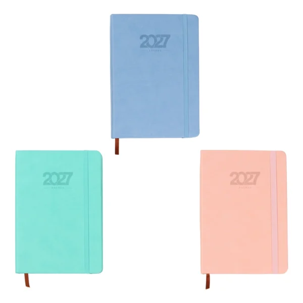 Agenda Diaria Falun de curpiel color negro con resorte sujetador, bolígrafo incluido y caja de cartón individual