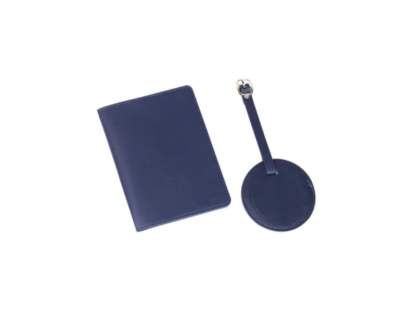 Set Sautens de porta pasaporte y etiqueta de maleta en curpiel colores azul