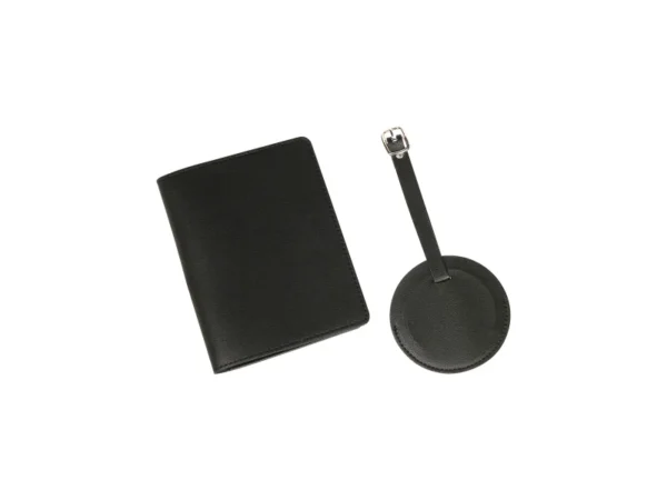 Set Sautens de porta pasaporte y etiqueta de maleta en curpiel colores negro