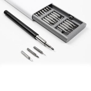 Set de 24 puntas de desarmador intercambiables con mango adaptador en estuche blanco de 16.6x6.7 cm
