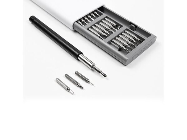 Set de 24 puntas de desarmador intercambiables con mango adaptador en estuche blanco de 16.6x6.7 cm
