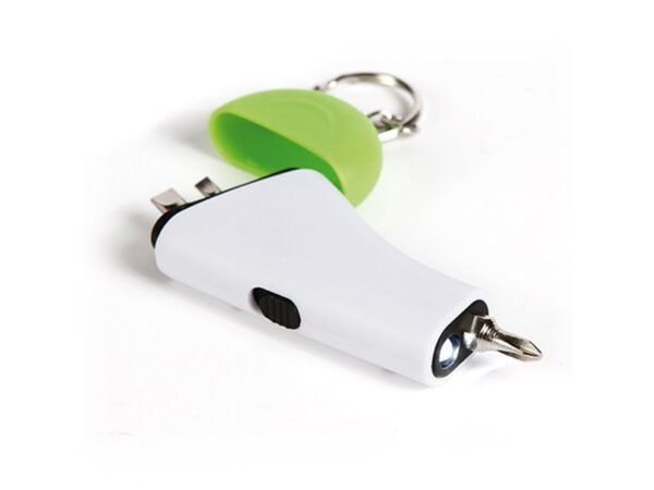 LLAVERO MULTIFUNCIONES de plástico con lámpara integrada y tres puntas de desarmador intercambiables.