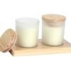 Set Baschi de velas aromáticas en vidrio esmerilado con base y tapa de madera, kit decorativo personalizado para regalos empresariales de bienestar.