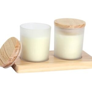 Set Baschi de velas aromáticas en vidrio esmerilado con base y tapa de madera, kit decorativo personalizado para regalos empresariales de bienestar.