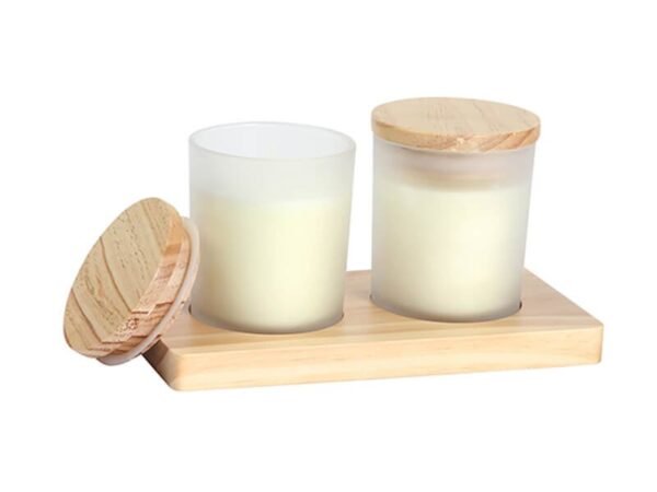 Set Baschi de velas aromáticas en vidrio esmerilado con base y tapa de madera, kit decorativo personalizado para regalos empresariales de bienestar.