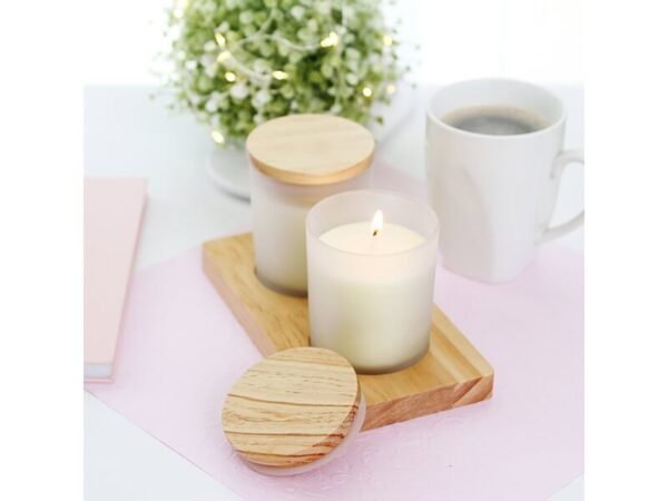 Set Baschi de velas aromáticas en vidrio esmerilado con base y tapa de madera, kit decorativo personalizado para regalos empresariales de bienestar.