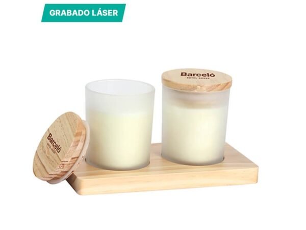 Set Baschi de velas aromáticas en vidrio esmerilado con base y tapa de madera, kit decorativo personalizado para regalos empresariales de bienestar.