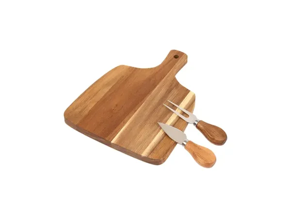 Set Para Quesos Mezzo en madera de acacia con utensilios de acero inoxidable para sector gastronómico y gourmet. Tabla con utensilios.