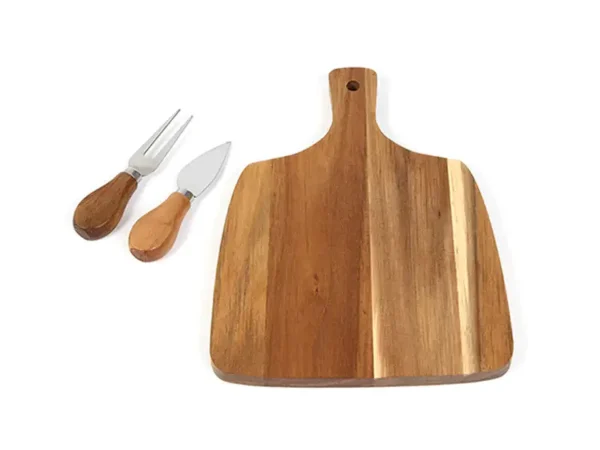 Set Para Quesos Mezzo en madera de acacia con utensilios de acero inoxidable para sector gastronómico y gourmet