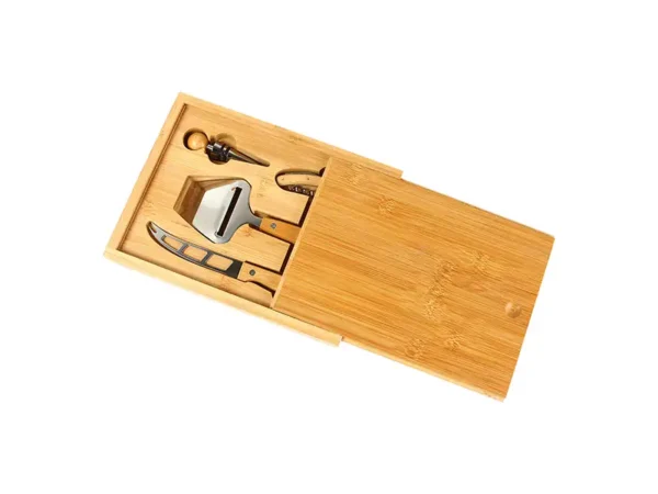Set Tremat para quesos y vino en estuche de madera de bambú barnizada con accesorios para sector inmobiliario