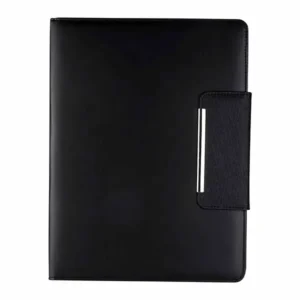 Carpeta Ontario de curpiel negro con cierre magnético, elástico para bolígrafo y block A4.