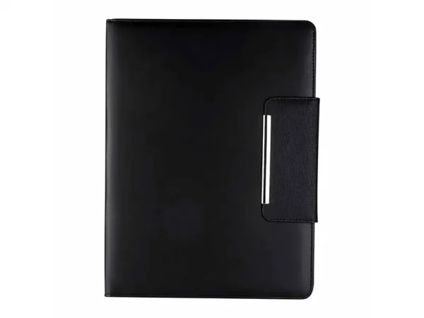 Carpeta Ontario de curpiel negro con cierre magnético, elástico para bolígrafo y block A4.