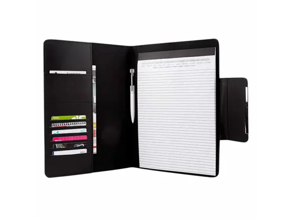 Carpeta Ontario de curpiel negro con cierre magnético, elástico para bolígrafo y block A4. Carpeta abierta de perfil