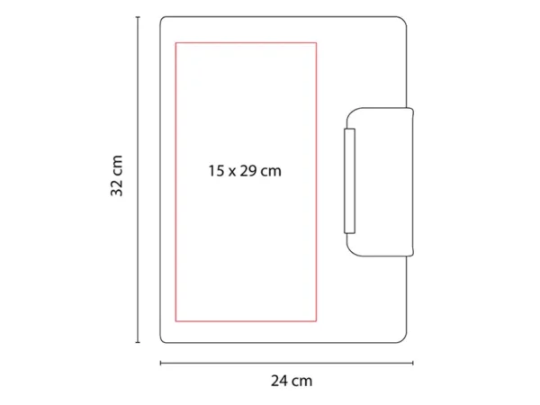 Carpeta Ontario de curpiel negro con cierre magnético, elástico para bolígrafo y block A4. Medidas.