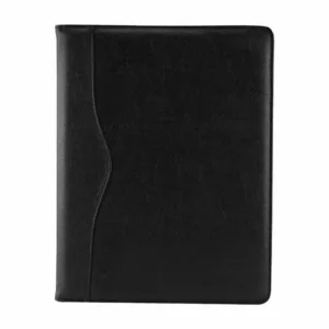 Carpeta Harbel de curpiel negro con block A4 y compartimentos organizadores para oficina y eventos.