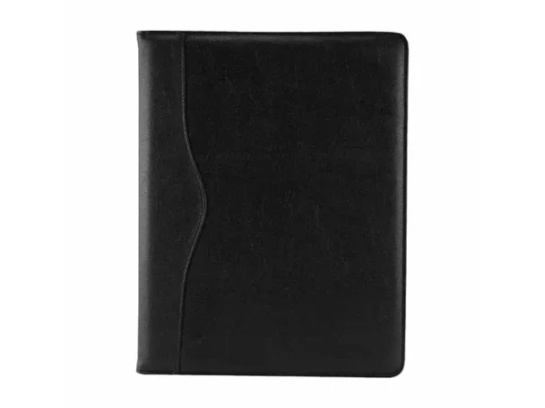 Carpeta Harbel de curpiel negro con block A4 y compartimentos organizadores para oficina y eventos.