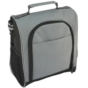 Bolsa Lonchera Térmica Bruce color gris con interior insulado, bolsillos de malla y correa ajustable.